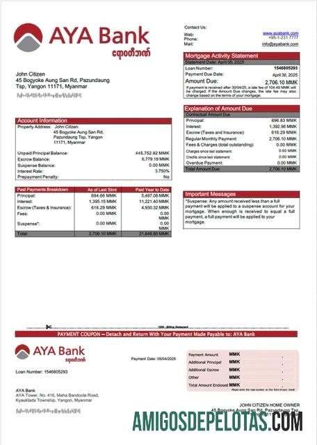 para download Modelo Word e PDF de extrato de hipoteca do banco AYA de Mianmar